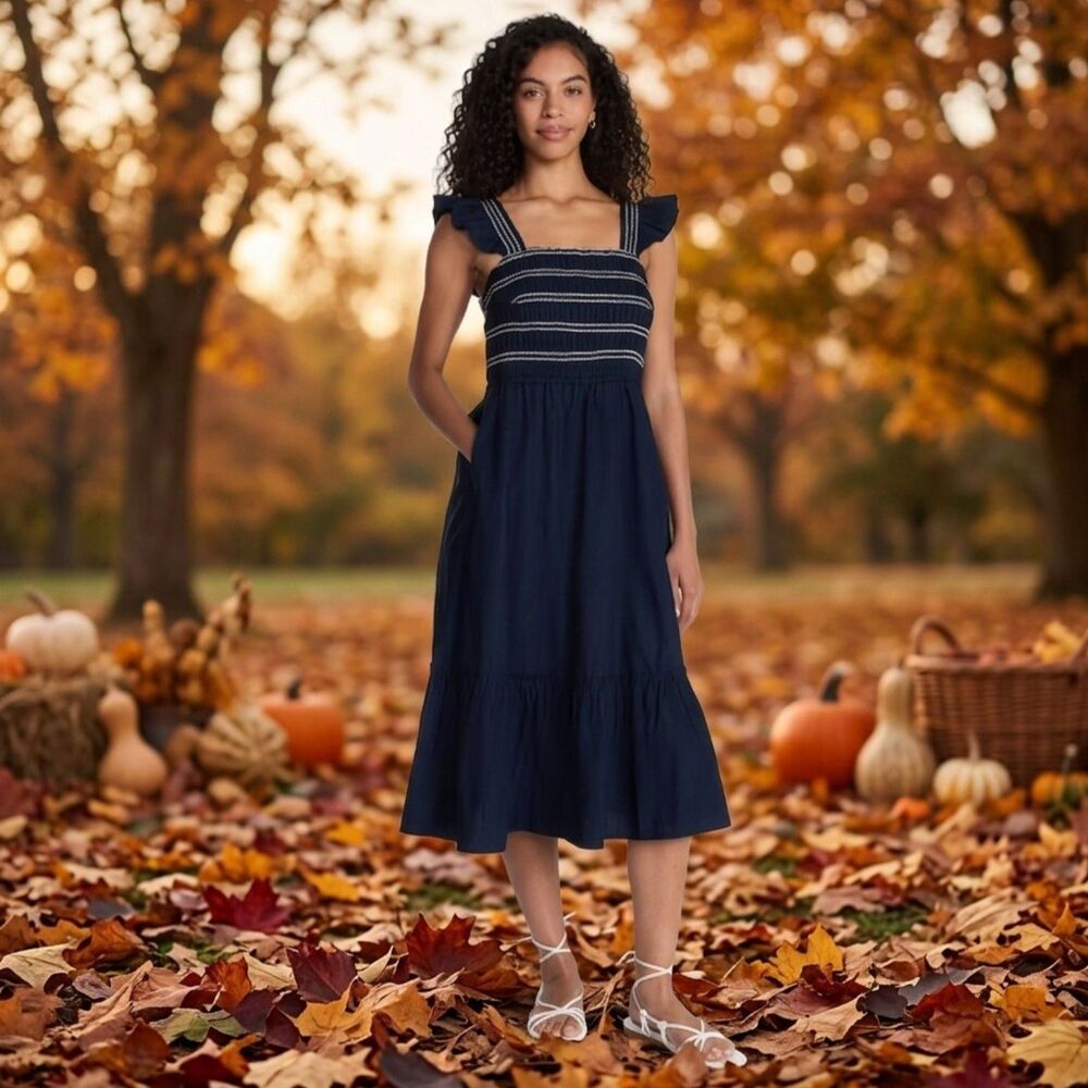 Time & Tru Womens S(4-6) Navy Smocked Flutter Sleeve Tiered Midi Dress Cotton